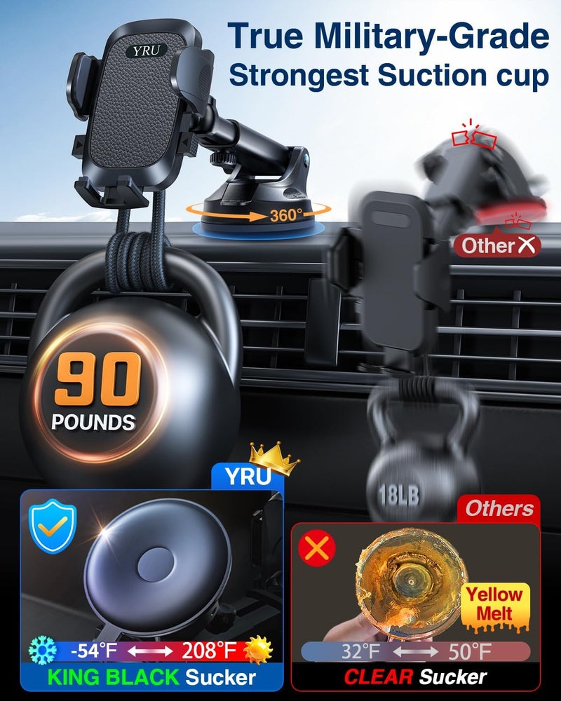 YRU True Military-Grade [360° Rotation Suction] 2025 Ultimate Car Phone Holder Mount 【90+LBS Safest Strongest & Patent Certs】 Dashboard Windshield Vent for iPhone 17 16 Pro Max Samsung, Matt Black - Image 2